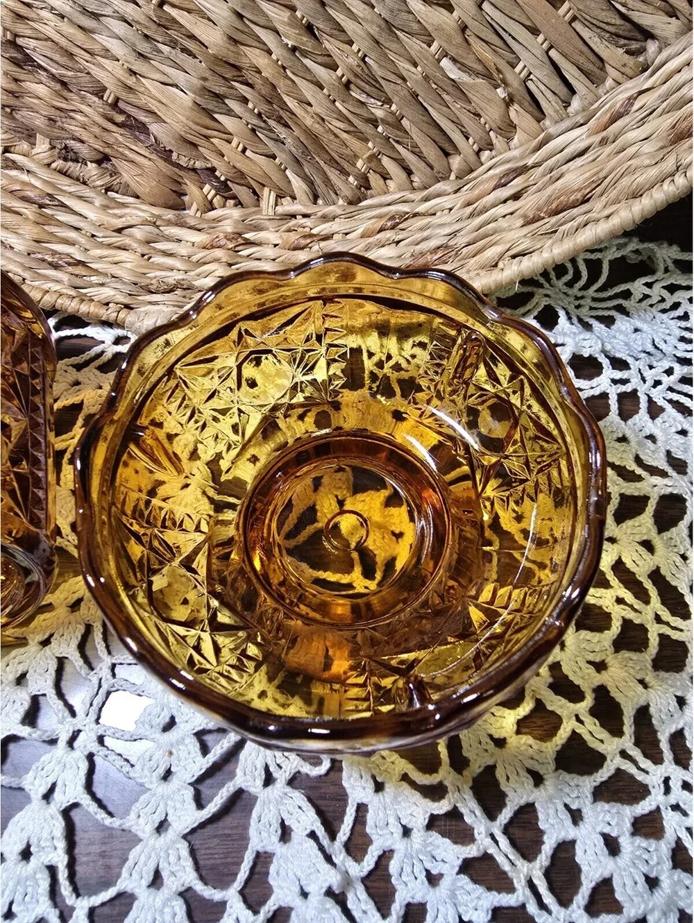 Vintage Indiana Glass 6.5” Amber Stars & Bars Fairy Lamp